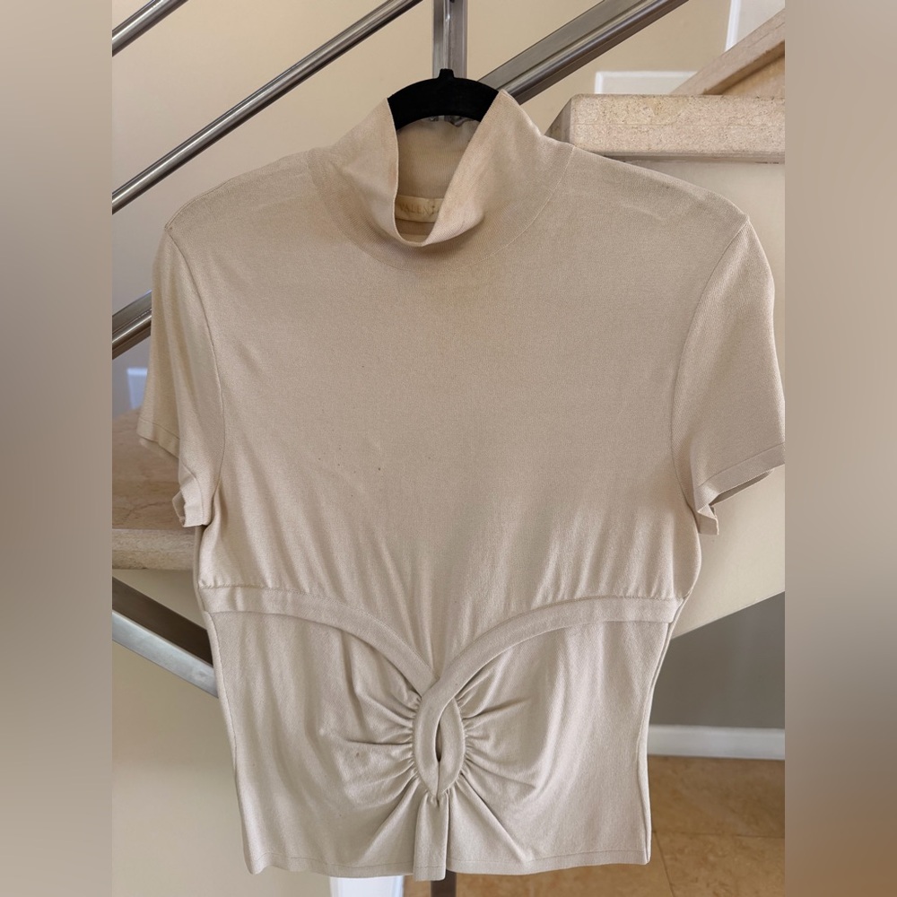 Valentino Cream Short-Sleeve Turtleneck Top with Front Twist - Picture 2 of 12